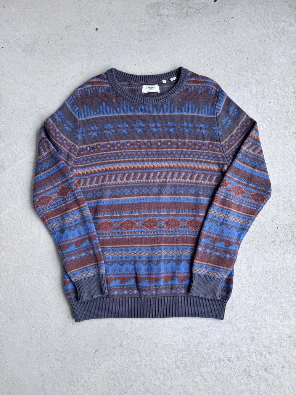 Patterned Crewneck Sweater in Blue & Brown
